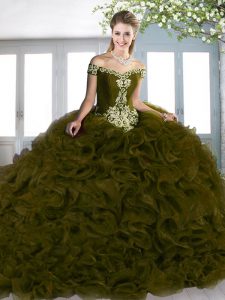 Olive Green Ball Gowns Off The Shoulder Sleeveless Organza Court Train Lace Up Beading and Appliques and Ruffles Quincea