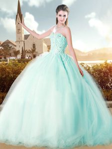 Sleeveless Floor Length Beading Lace Up Quinceanera Dresses with Aqua Blue