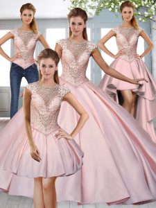 Glittering Cap Sleeves Satin Sweep Train Lace Up Sweet 16 Quinceanera Dress in Pink with Beading