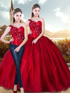 Suitable Red Straps Neckline Beading and Appliques 15 Quinceanera Dress Sleeveless Lace Up