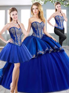 Royal Blue Sweetheart Lace Up Beading and Embroidery Ball Gown Prom Dress Sweep Train Sleeveless