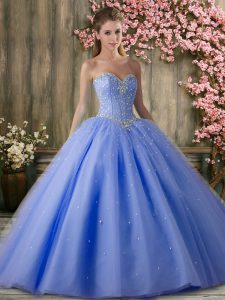 Sweetheart Sleeveless Ball Gown Prom Dress Floor Length Beading Blue Tulle