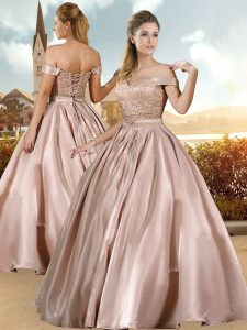 Suitable Pink Off The Shoulder Lace Up Beading Quinceanera Dresses Sleeveless