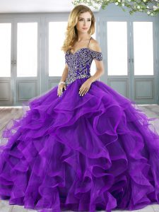 Lace Up Vestidos de Quinceanera Purple for Military Ball and Sweet 16 and Quinceanera with Beading and Ruffles Sweep Tra