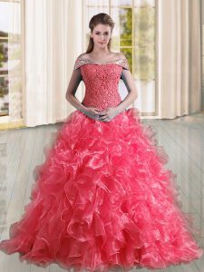 Lace Up Vestidos de Quinceanera Coral Red for Military Ball and Sweet 16 and Quinceanera with Beading and Lace and Ruffl