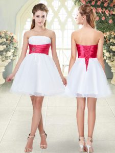 White Organza Lace Up Strapless Sleeveless Mini Length Prom Dress Beading