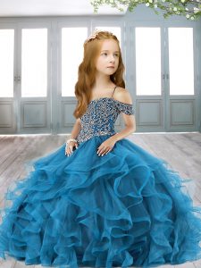 Blue Tulle Lace Up Little Girls Pageant Dress Cap Sleeves Brush Train Beading and Ruffles