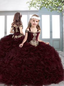 Burgundy Organza Lace Up Off The Shoulder Sleeveless Little Girl Pageant Dress Sweep Train Beading and Appliques