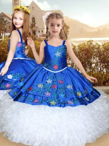 Amazing Blue And White Straps Lace Up Embroidery and Ruffles Child Pageant Dress Sleeveless