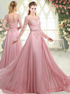 Dynamic Scoop Long Sleeves Prom Gown Sweep Train Beading Pink Chiffon
