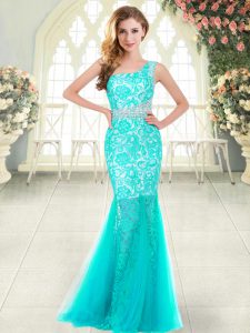 Tulle One Shoulder Sleeveless Zipper Beading and Lace Prom Dresses in Aqua Blue
