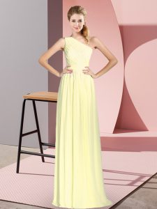 Yellow Empire Chiffon One Shoulder Sleeveless Ruching Floor Length Lace Up Homecoming Dress