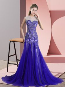 Scoop Sleeveless Sweep Train Backless Prom Dress Blue Tulle