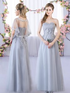 Sweetheart Sleeveless Bridesmaid Dresses Floor Length Lace Grey Tulle