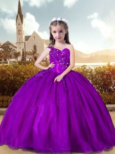 Lovely Purple Ball Gowns One Shoulder Sleeveless Organza Floor Length Lace Up Beading and Appliques Little Girls Pageant