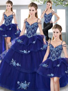Royal Blue Tulle Lace Up Quinceanera Dress Sleeveless Floor Length Embroidery