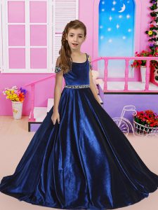 Amazing Royal Blue Lace Up Girls Pageant Dresses Beading Sleeveless Floor Length