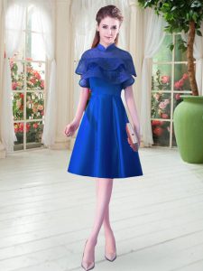 A-line Homecoming Dress Royal Blue High-neck Satin Cap Sleeves Knee Length Lace Up