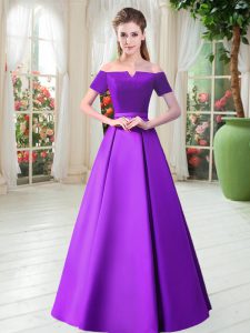 Dazzling Purple A-line Off The Shoulder Short Sleeves Satin Floor Length Lace Up Belt Evening Dress