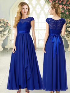 Romantic Cap Sleeves Ankle Length Lace Zipper Prom Evening Gown with Royal Blue