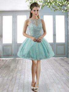 Dramatic Apple Green Ball Gowns Scoop Sleeveless Organza Mini Length Lace Up Beading and Lace Prom Gown