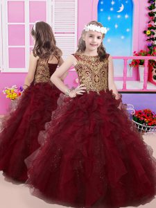Floor Length Lace Up Child Pageant Dress Burgundy for Party and Wedding Party with Beading