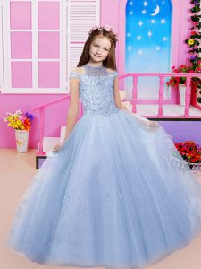 Beautiful Blue Tulle Lace Up Off The Shoulder Sleeveless Floor Length Little Girls Pageant Dress Wholesale Beading