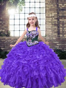 Best Purple Sleeveless Floor Length Embroidery Lace Up Pageant Dress