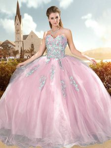 Best Pink Organza Lace Up 15th Birthday Dress Sleeveless Floor Length Beading and Appliques