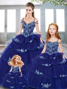 Popular Royal Blue Ball Gowns Embroidery Vestidos de Quinceanera Lace Up Tulle Sleeveless Floor Length