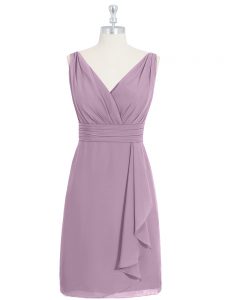 Purple Column/Sheath Chiffon V-neck Sleeveless Ruching Knee Length Zipper Prom Evening Gown