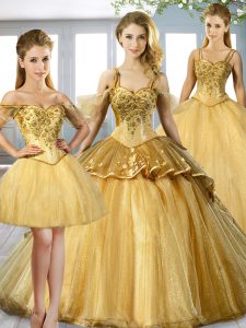Gold Organza Lace Up Spaghetti Straps Sleeveless Sweet 16 Dresses Sweep Train Beading and Appliques