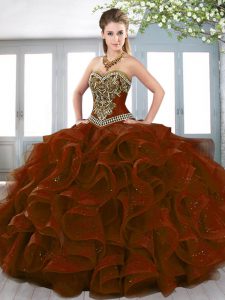 Inexpensive Sleeveless Organza Floor Length Lace Up Sweet 16 Quinceanera Dress in Rust Red with Beading and Embroidery a