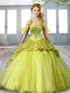 Spaghetti Straps Sleeveless Quinceanera Dress Sweep Train Beading and Appliques Olive Green Organza