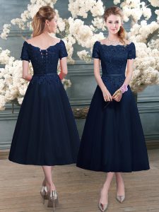 Deluxe Navy Blue Scalloped Zipper Lace Dress for Prom Short Sleeves
