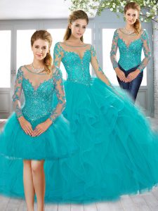 Attractive Lace Up Sweet 16 Quinceanera Dress Teal for Military Ball and Sweet 16 and Quinceanera with Beading Sweep Tra