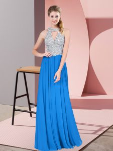 Exquisite Sleeveless Chiffon Floor Length Zipper Prom Dress in Blue with Beading