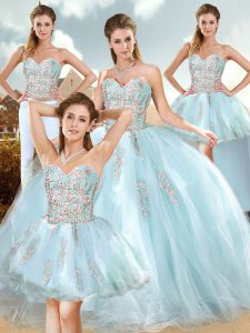 Baby Blue and Light Blue Organza Lace Up Sweetheart Sleeveless Floor Length Quince Ball Gowns Beading and Appliques