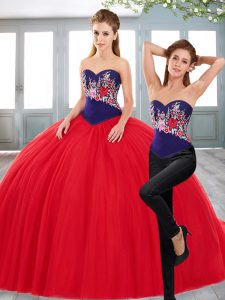 Romantic Sweetheart Sleeveless Lace Up Quinceanera Gowns Red Tulle