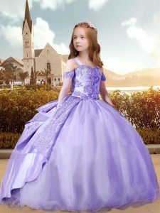 3 4 Length Sleeve Tulle Brush Train Lace Up Little Girls Pageant Gowns in Lavender with Beading and Appliques