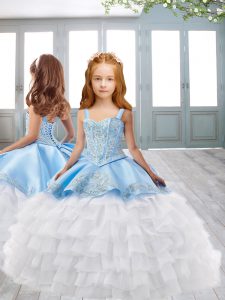 Great Sleeveless Sweep Train Lace Up Child Pageant Dress in Light Blue with Appliques and Ruffled Layers