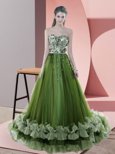 Lace Up Prom Dresses Green for Prom and Party and Military Ball with Beading and Appliques Sweep Train