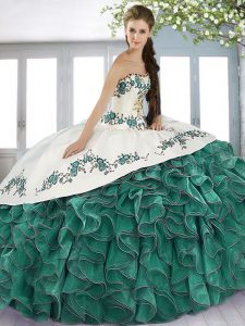 Beauteous Turquoise Sleeveless Floor Length Beading and Embroidery and Ruffles Lace Up Quinceanera Gowns