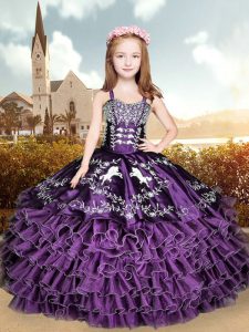 High Quality Purple Ball Gowns Straps Sleeveless Organza Floor Length Lace Up Embroidery and Ruffles Pageant Dress