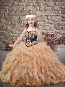 Champagne Lace Up Straps Embroidery and Ruffles Little Girls Pageant Dress Wholesale Organza Sleeveless