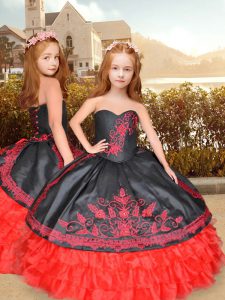 Strapless Sleeveless Lace Up Little Girls Pageant Gowns Red And Black