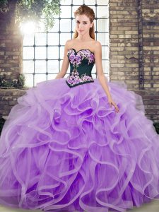 Sleeveless Embroidery and Ruffles Lace Up 15th Birthday Dress with Lavender Sweep Train
