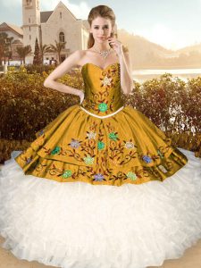 Delicate Embroidery and Ruffles Sweet 16 Dresses Gold Lace Up Sleeveless Floor Length