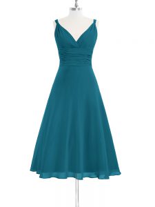 Deluxe Teal Sleeveless Ruching Knee Length Prom Evening Gown
