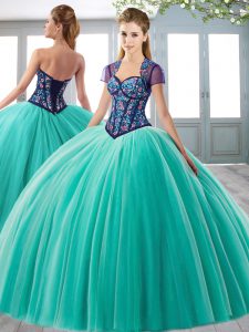 Discount Sleeveless Floor Length Embroidery Lace Up Sweet 16 Dress with Aqua Blue